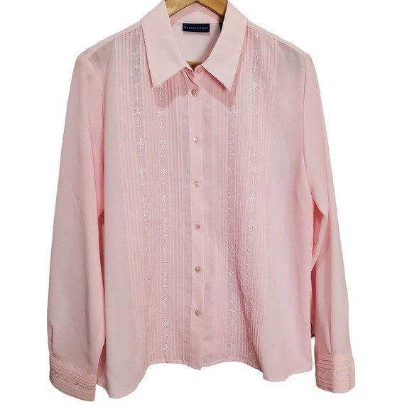 Karen Scott Blouse Womens Large Pink Pleated Button Down Top Business Casual - Picture 1 of 8